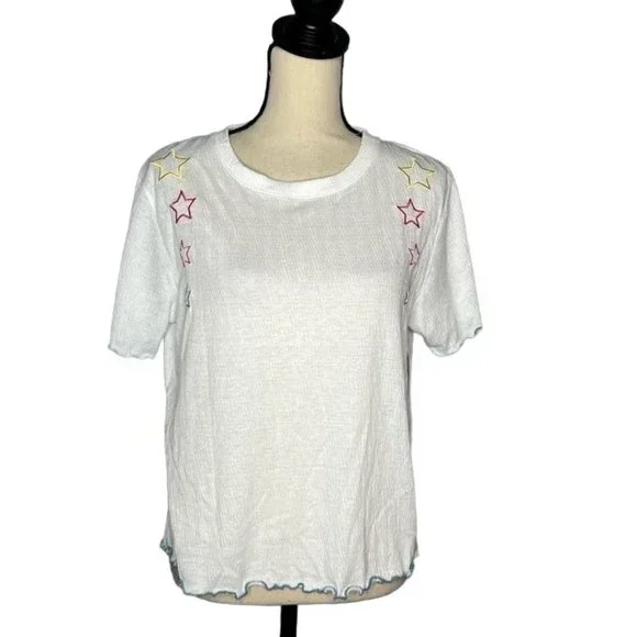 Emerson Road White Star Print Short Sleeve Shirt Women's Size Large L - Picture 1 of 7